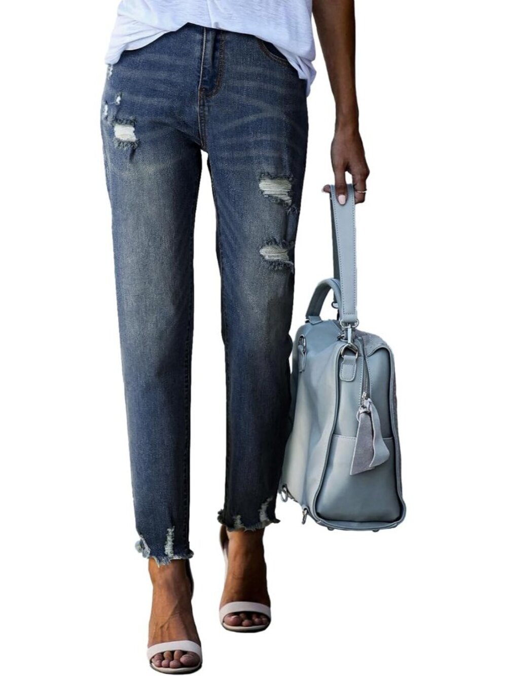 Women's Sail Blue Flat Front Distressed Y2k Pull On High Waisted Ankle Jeans
